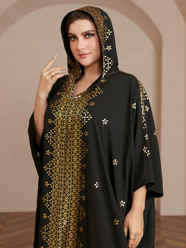 Women’s Clothing Muslim V neck hooded robe four sided elastic hot stamping dress_voghion.com