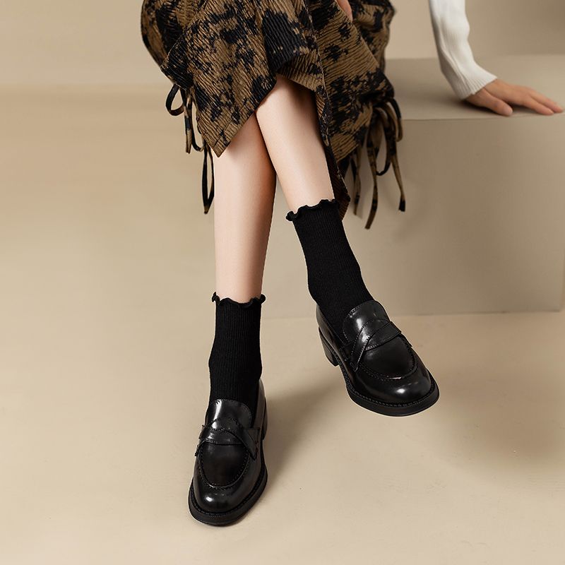 Slipper im Retro-Stil im britischen Stil für Damen, Preppy Commuter, vielseitig einsetzbar, kleines echtes Leder, runde Zehenpartie, klobiger Absatz_voghion.com