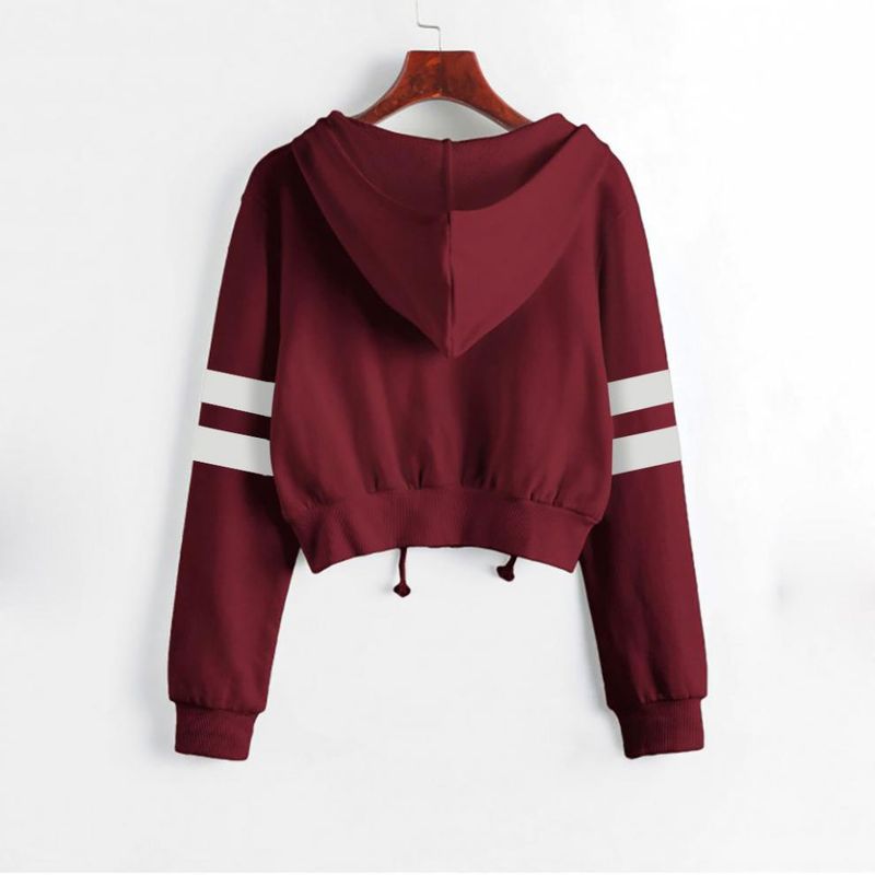 Abbigliamento da donna Felpa con cappuccio a maniche lunghe con cerniera corta e barre parallele in tinta unita_voghion.com