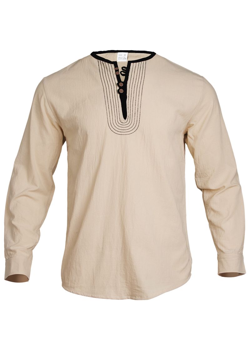 Maglietta sportiva casual ampia a maniche lunghe in lino tinta unita da uomo Henry Collar_voghion.com