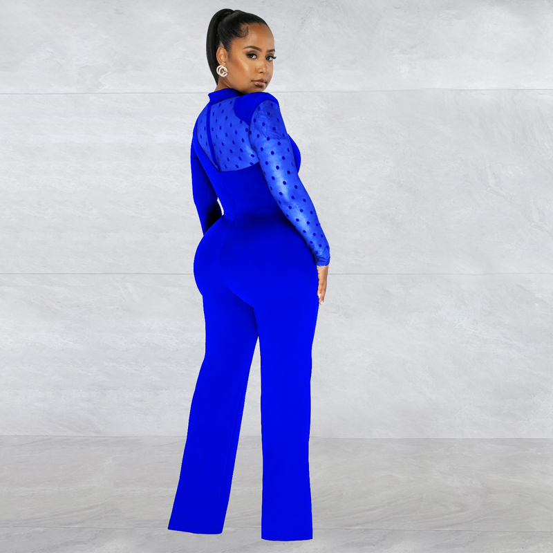 Women's Clothing fashion women's polka dot mesh see-through long-sleeved trousers solid color jumpsuit_voghion.com