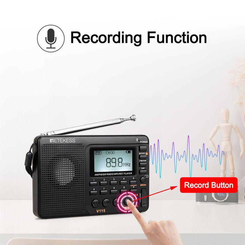 Retekess V115 SW Portable Radios AM FM Rechargeable Shortwave Radio Battery Powered Full Waves USB Recorder For Gift_voghion.com
