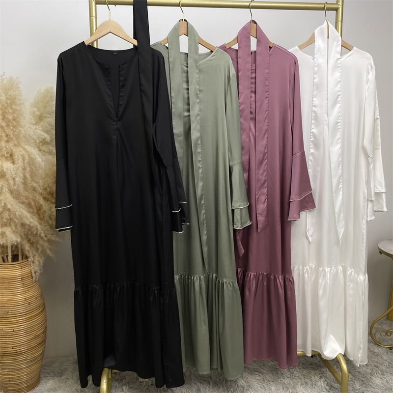 Yeni Saten Müslüman Kadın Elbisesi Çift Çan Kollu Abaya Lüks Dubai Elmas Uzun Elbise Etek Ucu Eklemeli Kaftan Faslı Kadın Zarif_voghion.com