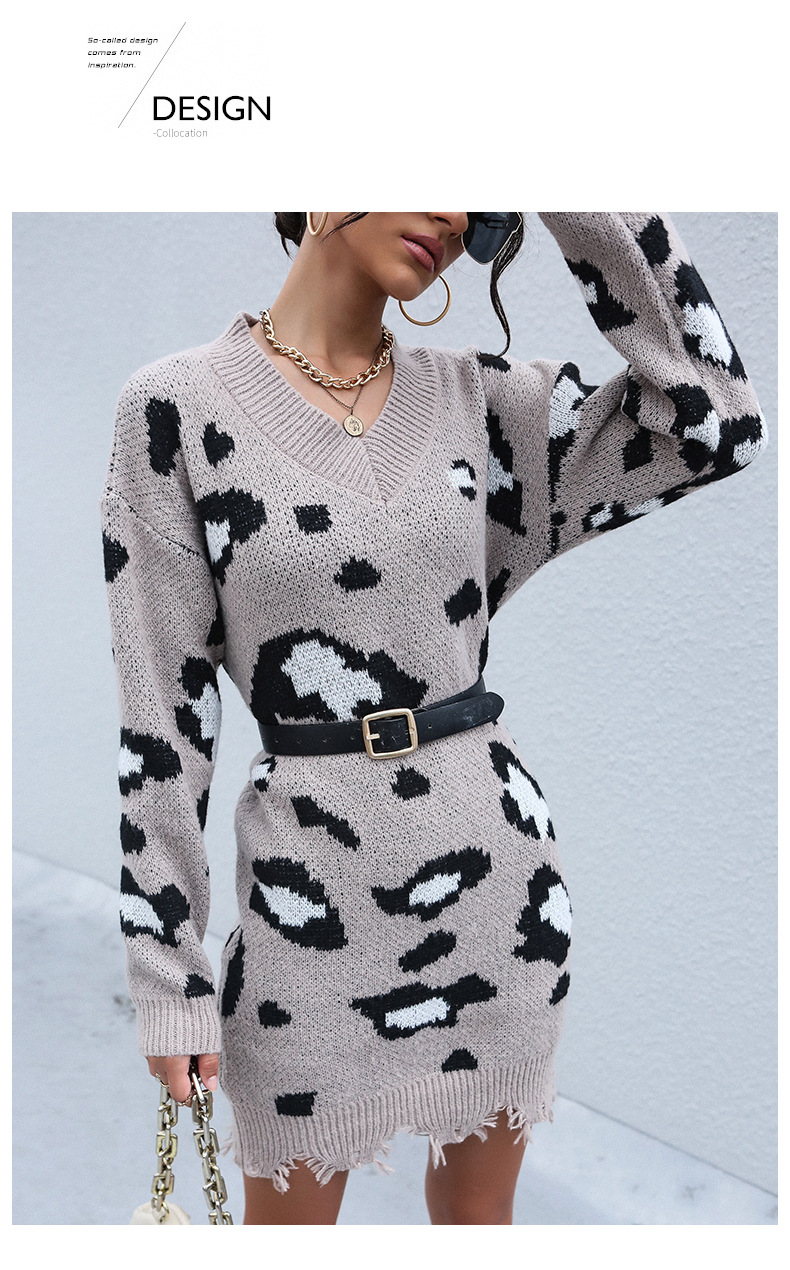 Modisches, gestricktes, langärmliges Pulloverkleid mit V-Ausschnitt und Leopardenmuster_voghion.com