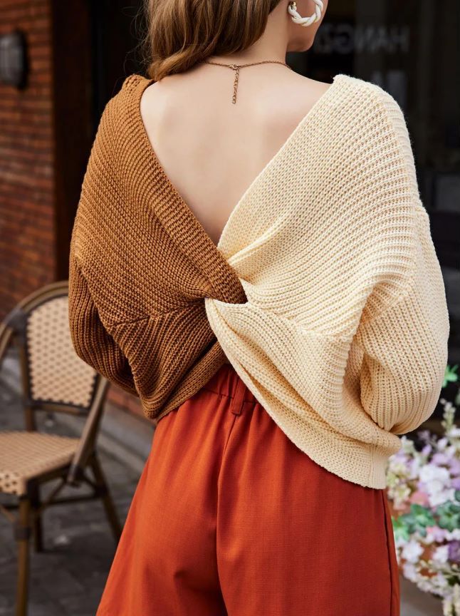 Maglione a V con giunture multicolori a maniche lunghe da donna_voghion.com