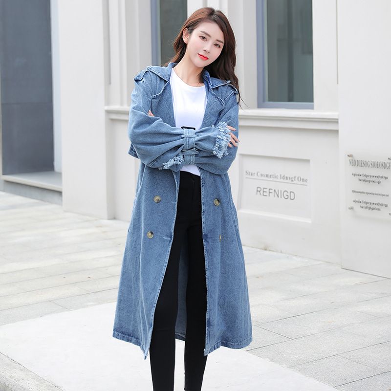 Stor storlek Lös medellång denim trenchcoat med bälte och dubbelknäppta knappar för kvinnor 19212_voghion.com