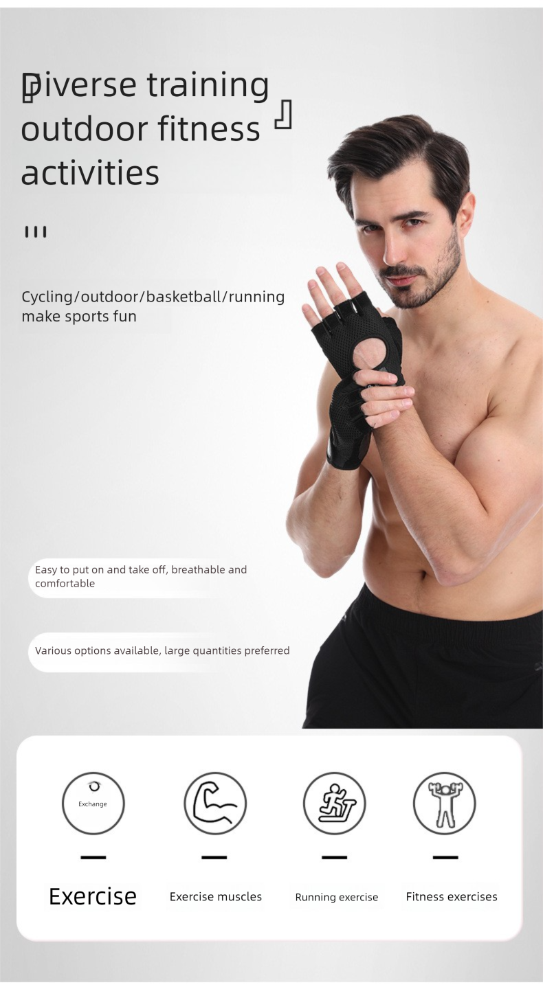 Fitnesshandschuhe für Herren, rutschfeste Halbfinger, Anti-Hornhaut, Gerätetraining, verschleißfest, Kraftunterstützt, Klimmzug_voghion.com