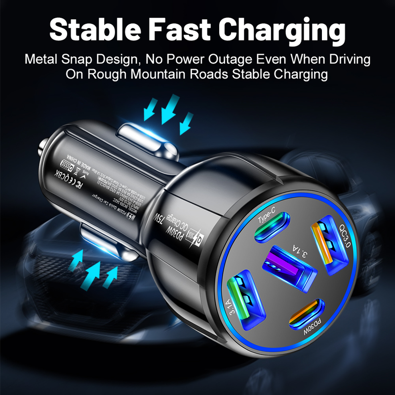 PD 75W 5 portos USB autós töltő gyorstöltő autós C-típusú telefon adapter alkalmas iPhone 14, 13, 12 Xiaomi, Huawei,_voghion.com
