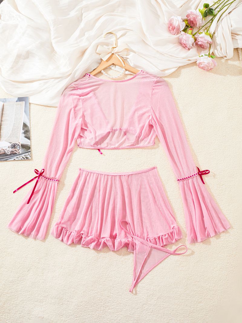 Women's Intimates Sexy Lingerie Perspective Temptation Passion Uniform Top Short Skirt Thong Three Piece Set_voghion.com