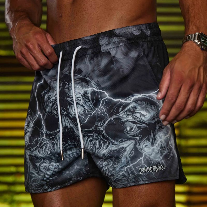 Pantaloni scurți sport pentru bărbați, cu patru puncte, cu craniu, imprimare 3D, plasă, uscare rapidă, respirabil, pentru alergare pe plajă_voghion.com