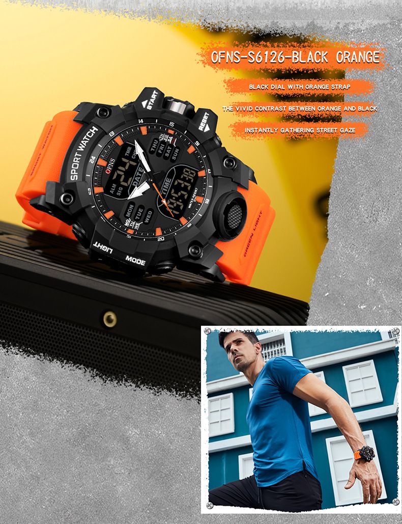 Sporthorloge voor heren met digitaal en analoog display, waterdicht tot 50 m, LED-achtergrondverlichting, alarm, stopwatch, afteltimer, dubbele tijd, casual en outdoorkleding_voghion.com