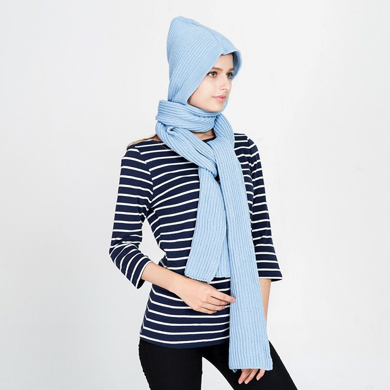 Korean hooded knitted shawl with hat, cross knotted scarf, tie up shoulder strap, collar_voghion.com
