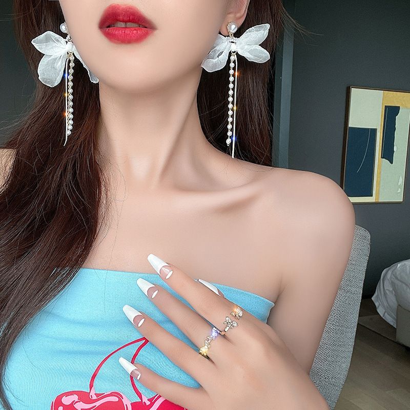 Orecchini pendenti in argento con fiocco elegante ultra immortale, fiore, luce francese, lusso, moda, stile letterario, dolci e versatili_voghion.com