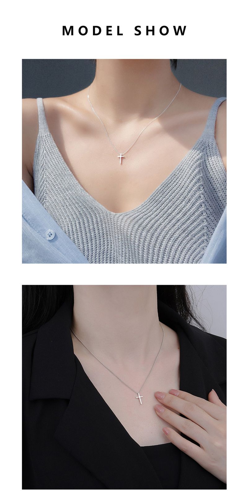 Wen Zhu S Pure Cross Necklace Plain Silver Women's Pendant Fashionable Temperament Simple Short Collarbone Chain_voghion.com