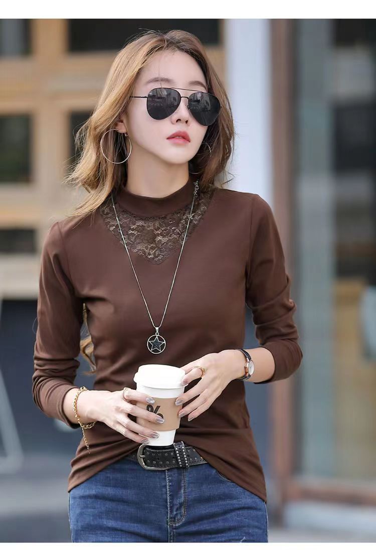 Jesenska in zimska čipkasta majica s toplim spodnjim delom za ženske, nova modna temperamentna, ozka, z dolgimi rokavi iz žameta_voghion.com