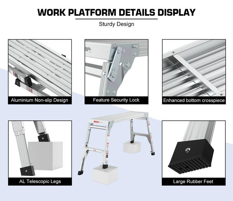 Aluminum Work Platform Large Size Step Stool Folding Portable Work Bench 40" Width Telescopic Feet 22" -27.5" Height Adjustable_voghion.com