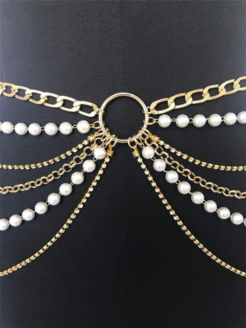 Catena di perle con anello per l'industria pesante di lusso Catena in metallo con catena di strass Catena in vita multistrato_voghion.com