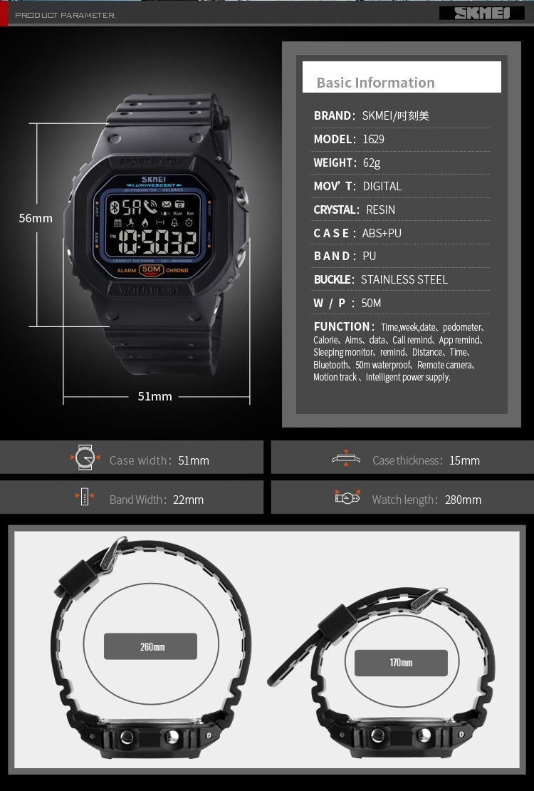SKMEI 1629 Sport Digital Watch For Men Military Pedometer Calorie Tracker Mens Bluetooth Phone Wristwatch Clock Smartwatch Reloj_voghion.com