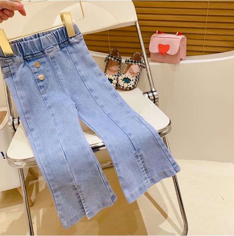 Abbigliamento per bambini Ragazze Colletto in pizzo ricamato Maniche a tromba Maglietta per neonati Jeans con spacchi Set due pezzi_voghion.com