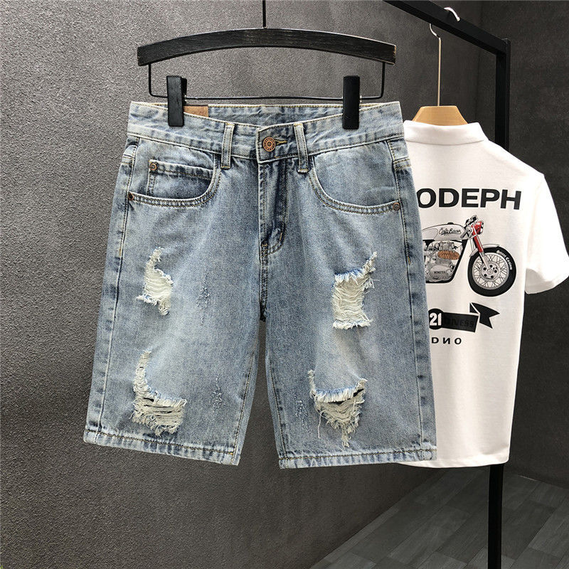 High end summer denim Korean version slim fit small leg shorts for men's trendy brand hole torn beggar five piece pants_voghion.com
