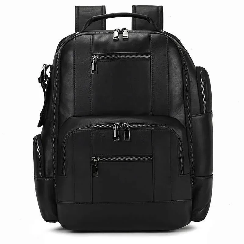 Men's Genuine Crazy Horse Leather Large Capacity Multi-Pocket Travel Backpack Cowhide School Bag_voghion.com