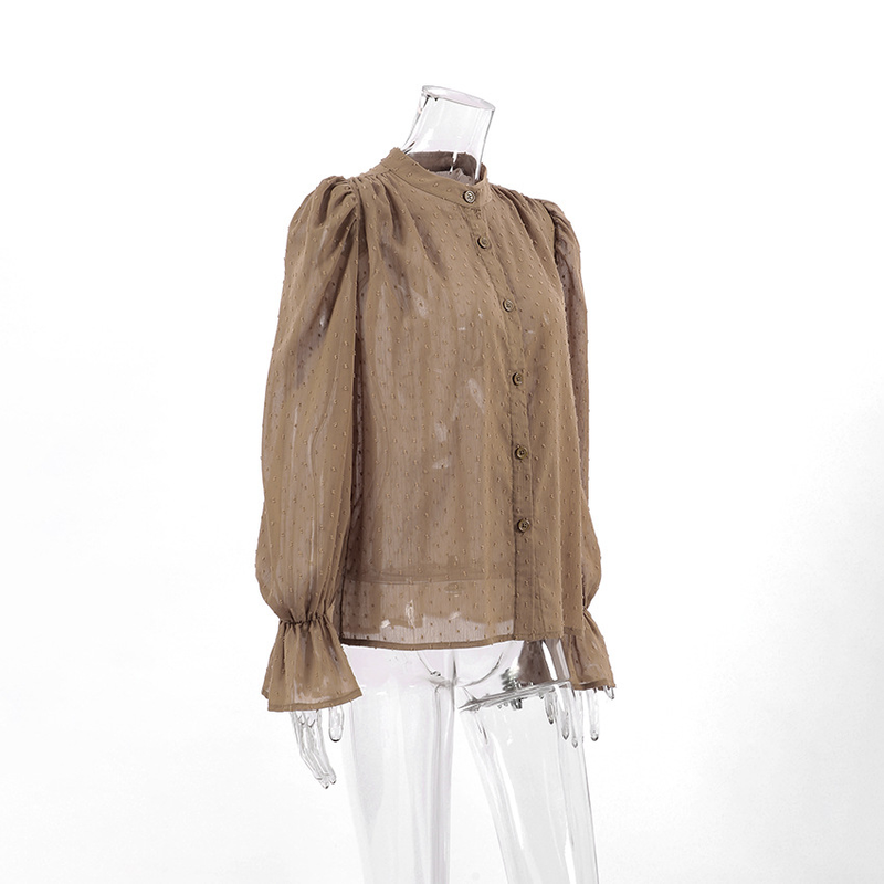 Camicia da donna in chiffon jacquard moda temperamento francese, nicchia femminile, camicetta con maniche a sbuffo e volant allentato_voghion.com