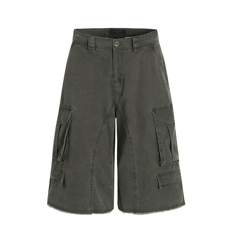 Abbigliamento da uomo, pantaloncini estivi da uomo con gamba larga, tasche larghe, bordi grezzi e design tinta unita, punk e usurati_voghion.com