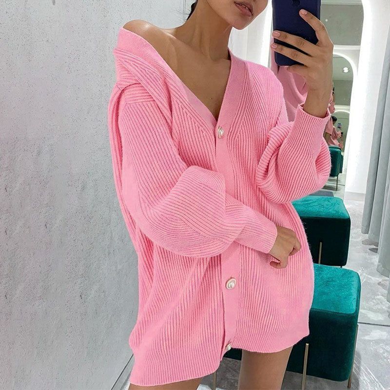 2024 nouvelle veste pull femme couleur unie décontractée cardigan boutonné en tricot ample_voghion.com