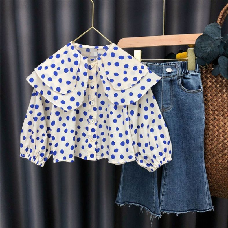 Kinderkleidung Mädchen Niedlich Polka Dot Großes Revers Hemd Plus Jeans Zweiteiliges Set_voghion.com