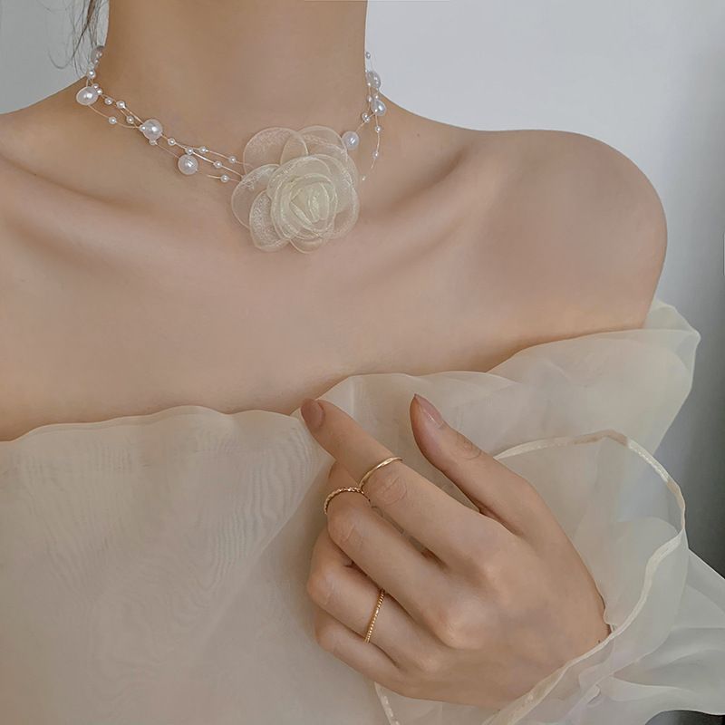 Collier ras du cou en perles roses pour femmes, bijoux exquis, collier romantique français, chaîne de clavicule élégante, cadeau esthétique pour filles_voghion.com