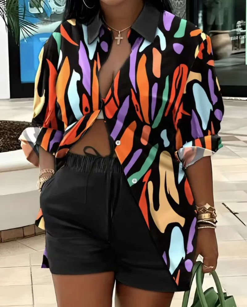 Women's Printed Suit Lapel Shirt Shorts Two-piece Set Long-sleeved Printed Button Lace-up Shorts Two-piece Set_voghion.com