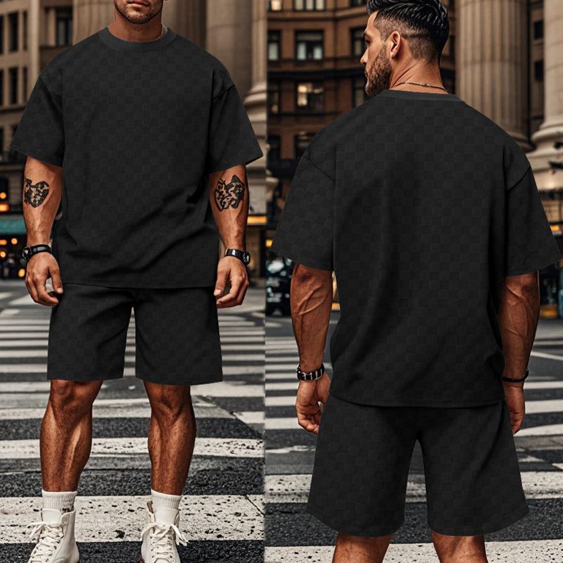 2024 Men's Summer New Jacquard Plaid Short Sleeved T-shirt Loose Oversized Straight Leg Casual Shorts Set_voghion.com
