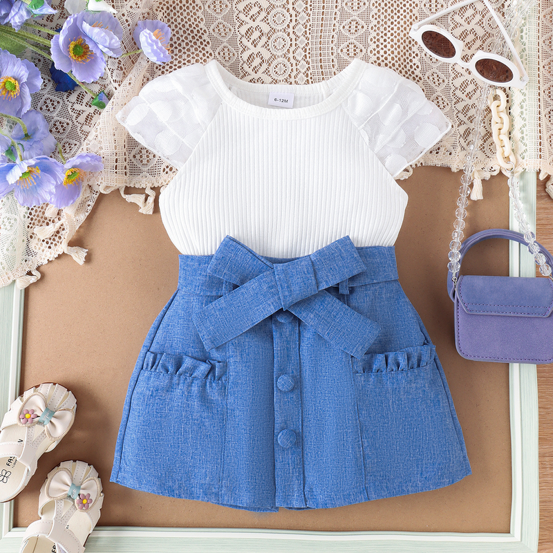 Nuovo set estivo per bambine con maniche a palloncino, a righe e pois in pizzo, tinta unita, gonna corta_voghion.com