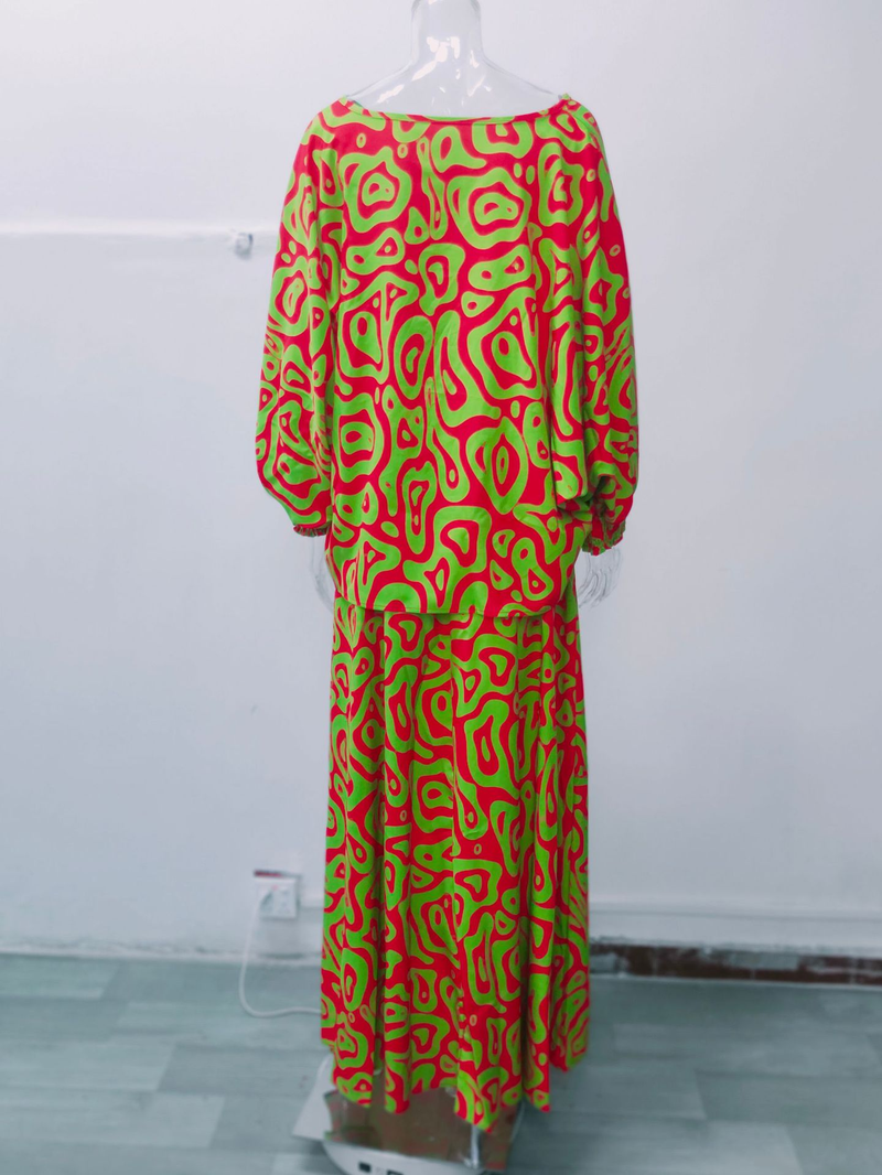 Feminino solto estampado manga longa top cintura alta tamanho grande saia longa terno_voghion.com