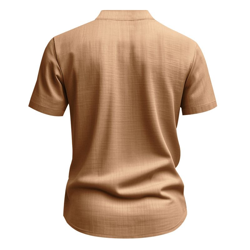Camisa de lino de manga corta para hombre, nueva, de color liso, con cuello alto y bolsillo, holgada, informal_voghion.com
