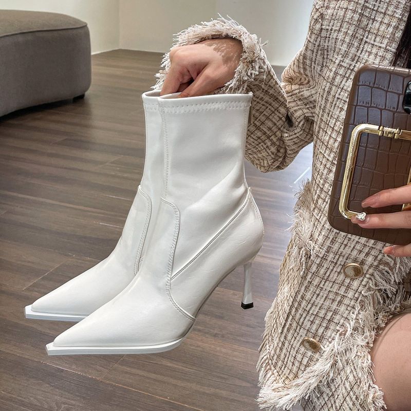 Stivali alti alla caviglia con punta a punta marrone da donna, primavera e autunno 2025, con patchwork, tacco sottile e sottile_voghion.com