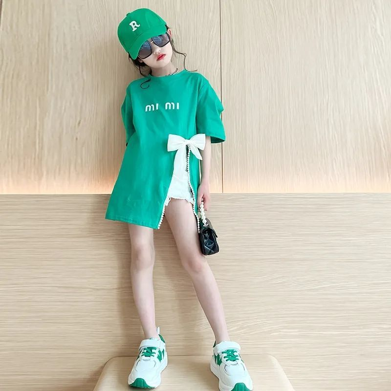 2024 Summer New Girl's Bow T-shirt length Split Korean Trendy Fashion Top Short sleeved Mid size Big Boy_voghion.com
