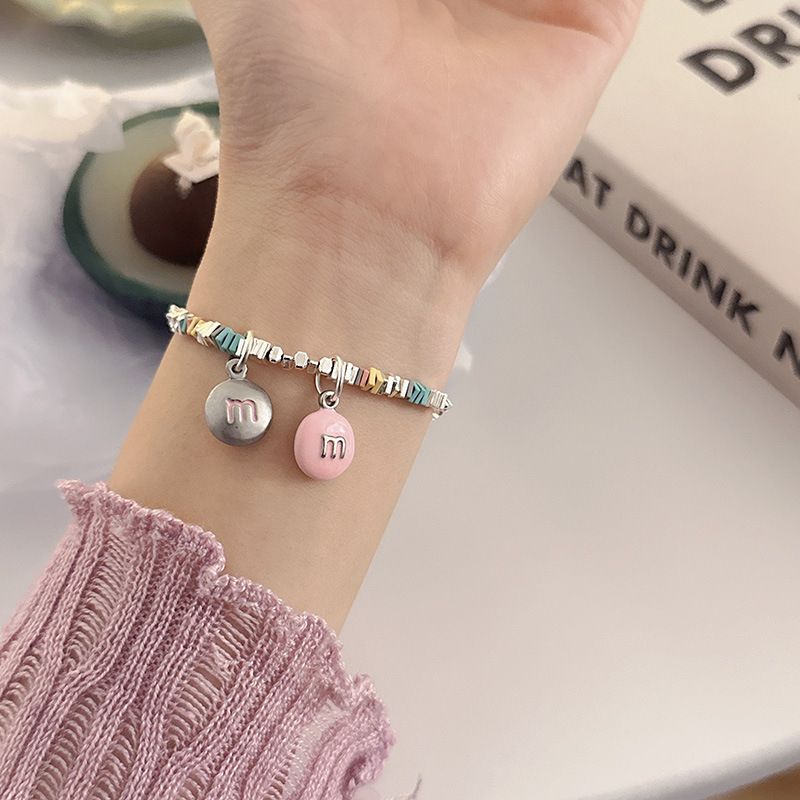 Collana con ciondolo piccolo fai da te M Bean colorato, stile coreano, versione femminile, collana estiva, colore rosa, catena per clavicola_voghion.com