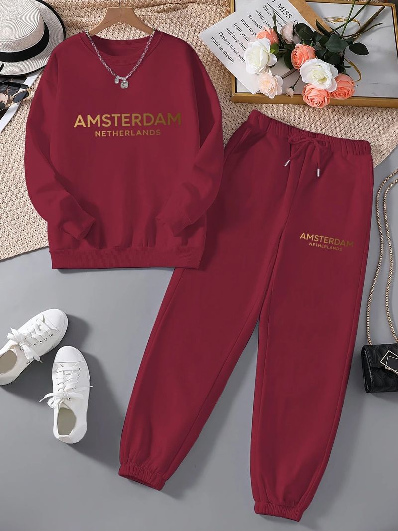 Completo felpa in velluto da donna, top e pantaloni a maniche lunghe con scollo rotondo, tuta sportiva calda e ampia per autunno e inverno._voghion.com