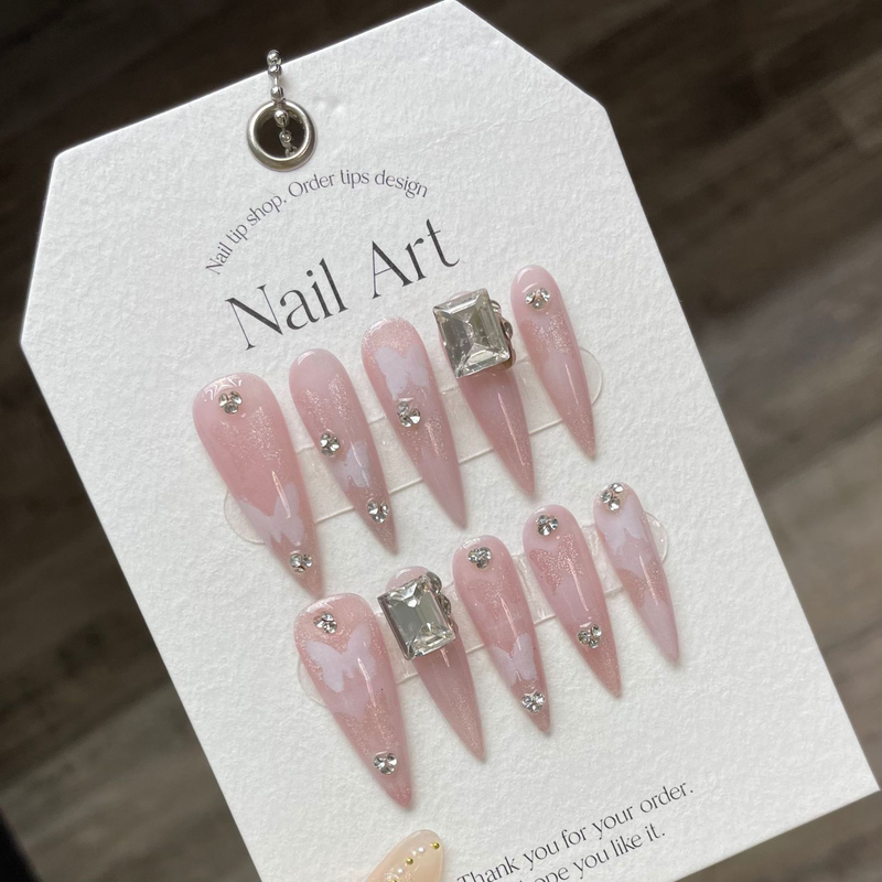 Punte per unghie con copertura completa fatta a mano da 10 pezzi Unghie finte lunghe a mandorla con design a farfalla con strass Unghie finte Stiletto s s_voghion.com