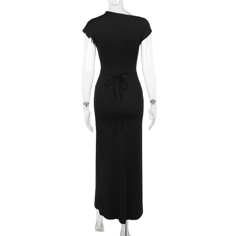 XY24158 Été 2024 Nouvelle robe longue coupe slim avec taille cintrée sexy, manches courtes torsadées et fendues_voghion.com