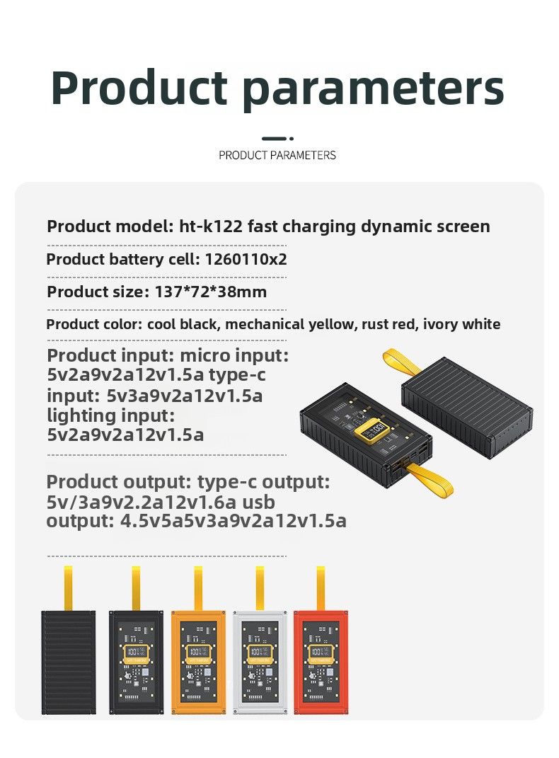 Batterie externe créative de grande capacité, 20 000 mAh, avec éclairage LED transparent, affichage numérique et fonction téléphone portable._voghion.com