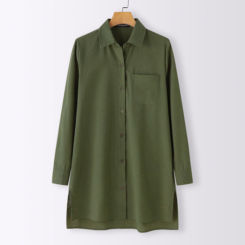 Camicia da donna in cotone sciolto con scollo a V, manica lunga, orlo a fessura, camicia oversize alla moda retrò_voghion.com