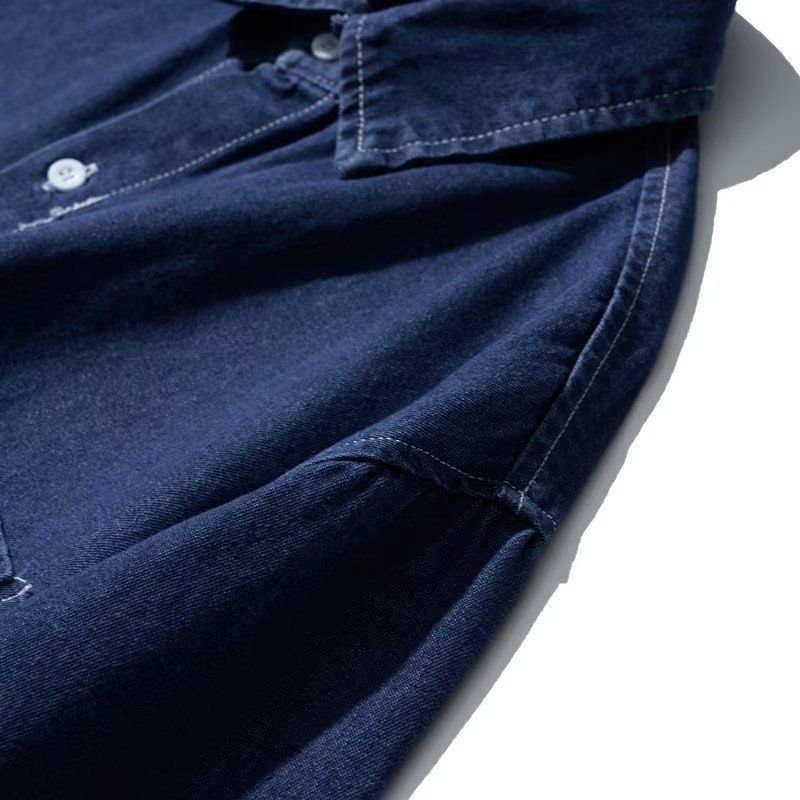 Camicia in denim da uomo, autunno, tendenza, ampia, sottile, stile Hong Kong, blu scuro, a maniche lunghe, casual, da uomo e da donna_voghion.com