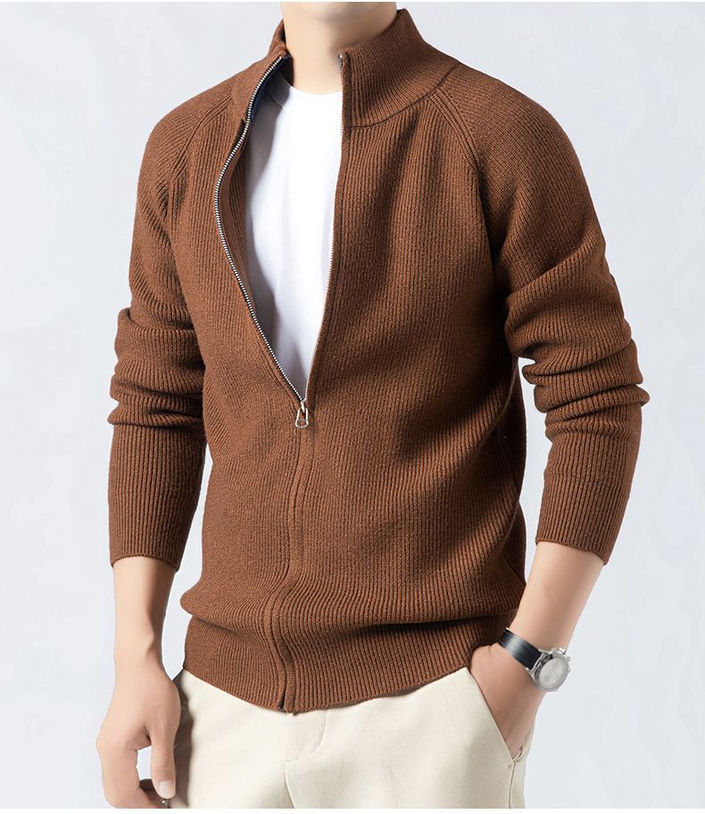 "Men's Textured Knit Cardigan – Stand Collar Drop Shoulder Sweater (Brown/Grey/Black/Navy, Sizes M-XXXL)"_voghion.com
