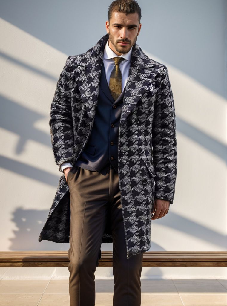 Herrenbekleidung Herbst- und Winterstil Mittellanger Anzugkragen Modedruck Herrenmanteljacke Retro-Mode_voghion.com