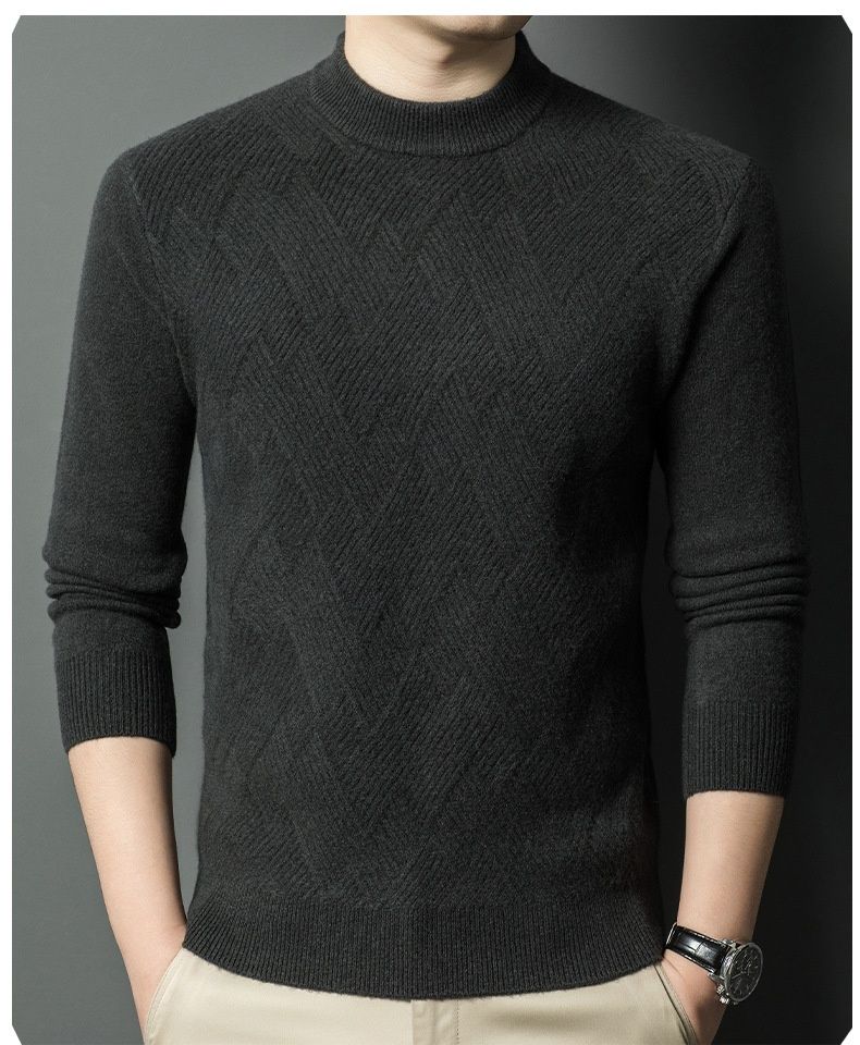 Pure Men's High-End 100% Pure 420g Round Neck Loose Jacquard Warm Wool Sweater Base Layer_voghion.com