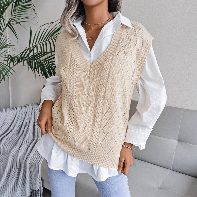 Pull tricoté à col en v pour femme, vêtement style Ins, ajouré et torsadé, collection automne et hiver 2023_voghion.com