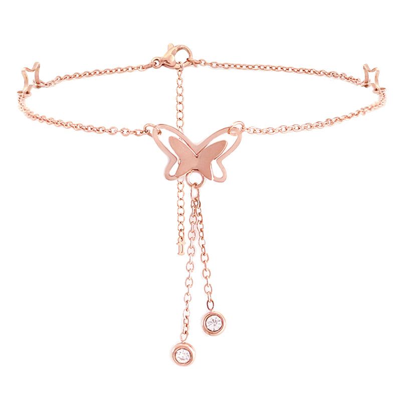 Minimalistischer Titanstahl-Schmetterlings-Roségold-Damen-Fußkettchen Zirkon Sommermode Strand-Fußschmuck_voghion.com