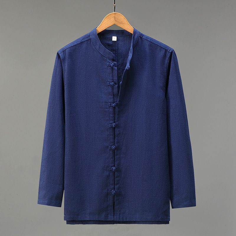 Camicia a maniche lunghe da uomo, retrò, ampia, in cotone e lino, con bottoni, colletto alto, cappotto da uomo_voghion.com